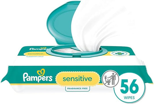 Pampers Sensitive Baby Wipes, Water Based, Hypoallergenic and Unscented, 1 Flip-Top (56 Wipes Total)