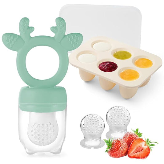 Baby Fruit Food Feeder with Popsicle Mold, Cute Teething Toys Silicone Teethers for Babies 3-12 Months for Baby Feeding Gift