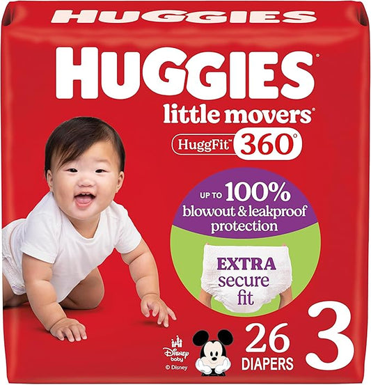 Huggies Size 3 Baby Diapers, Little Movers HuggFit 360° Baby Diapers with 360° Waistband, Size 3 (16-28 lbs), 26 Count, Packaging May Vary
